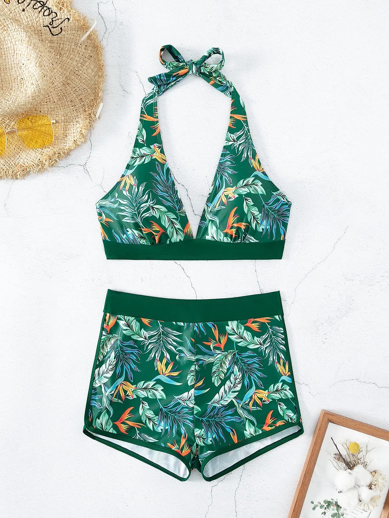 Halter Bikini Set: High Waist Design Wire-Free Support Spandex Polyester - Kurzer Schwimmanzug Frauen Bedruckte Bademode Polsterung Strandmode