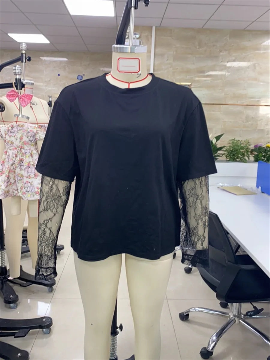 T-Shirt 2025: hirigin Women Round Neck T-Shirt Lace Long Sleeve Casual Shirts - Spring Fall Loose Fit Tops Ladies Solid Color Tee for Streetwear Y2K 00s Collection