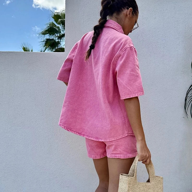 Casual Summer Denim Women's Two Piece Fashion Lapel Button Shirt with Tie Up Shorts Suit 2025 High Street Pocket Loose Outfits