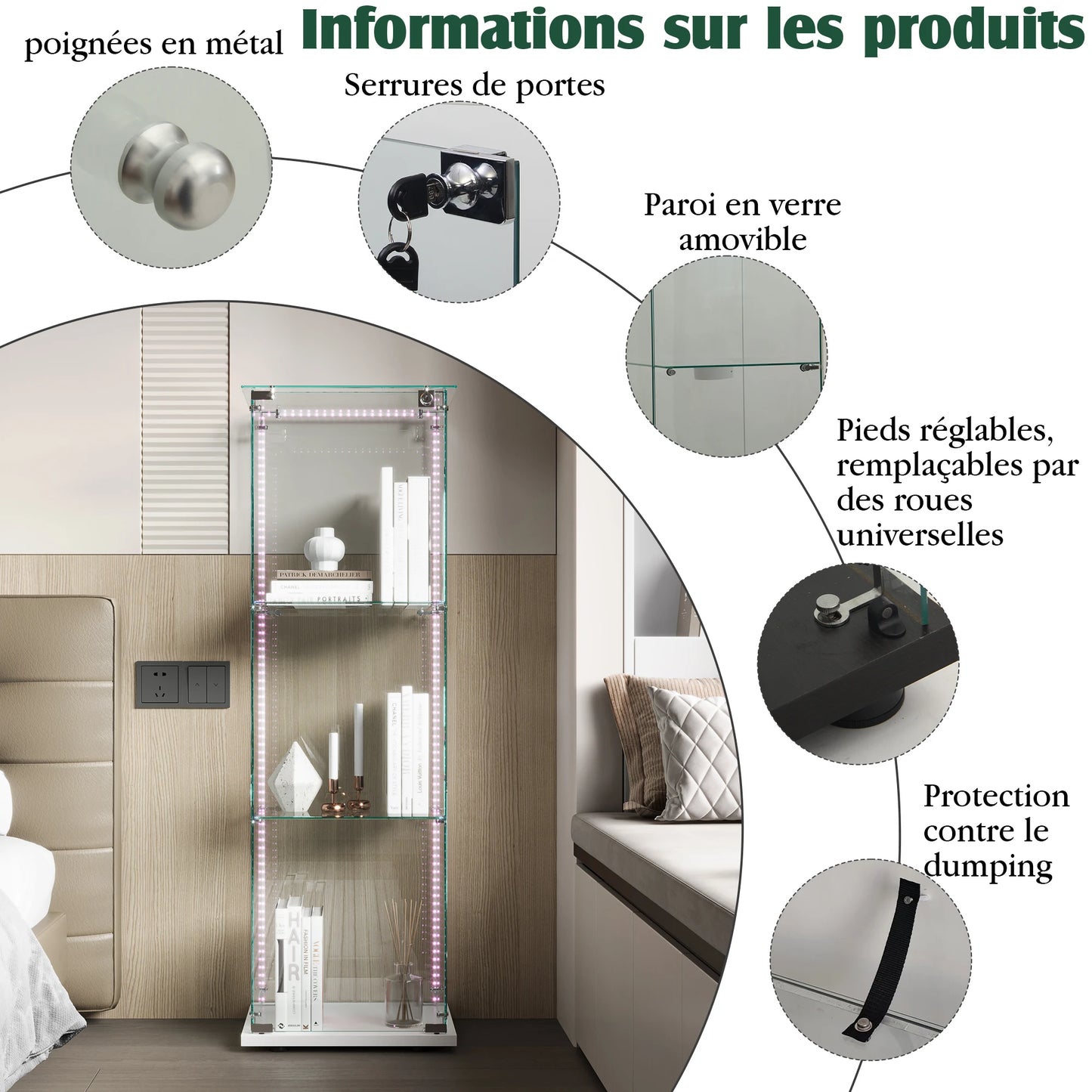 Anajqaqia Glasvitrine 123,3×39,8×35 cm LED-Beleuchtung 1 Tür