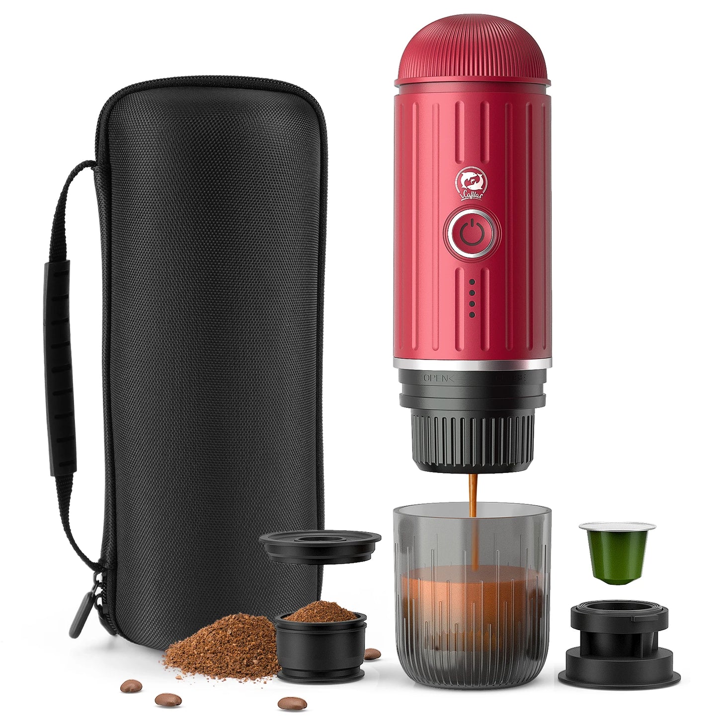 icafilas Portable Kaffeemaschine - Heizbar für Kapseln & Pulver, Travel Espresso Maker mit Tasche