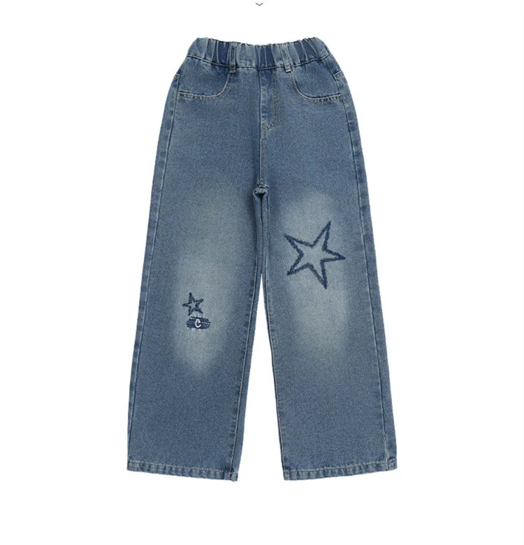 Jeans For Girl Spring Embroidery Star Pattern Wide Leg Denim Pants Kids Casual Style Children Loose Clothes 6 8 9 10 12 14 Years