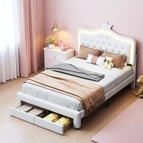 Polsterbett Kronen LEDKopfteil Mit Lichtfarben Schubladenaufbewahrung