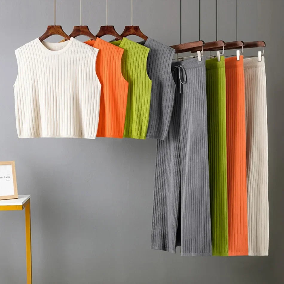 Elegant 2-Piece Sets for Women, Casual Knitting, Sleeveless, O Neck Tops, Loose Lace Up, Wide Leg Pant Set, Summer Fashion, New