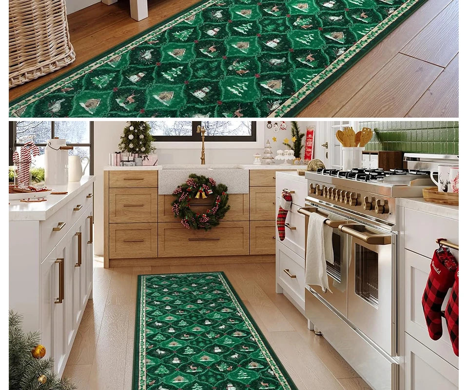 Runner Rug Corridor Non-slip Machine Washable Easy To Fold Floor Mat Green Plaid Snowman Rugs Christmas Gift Home Decoration Mat