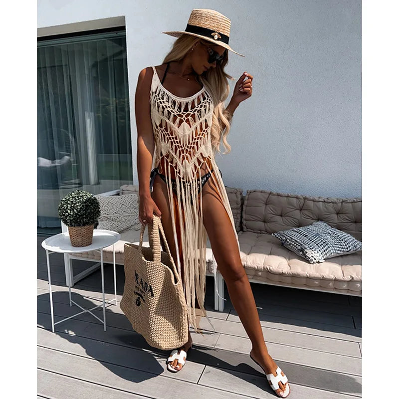 Strand Cover Ups: Hand Hook Hollow Out Spandex Polyester - Elegant Sonnenschutz Shirt Lange Quasten Beach Style Gestrickt