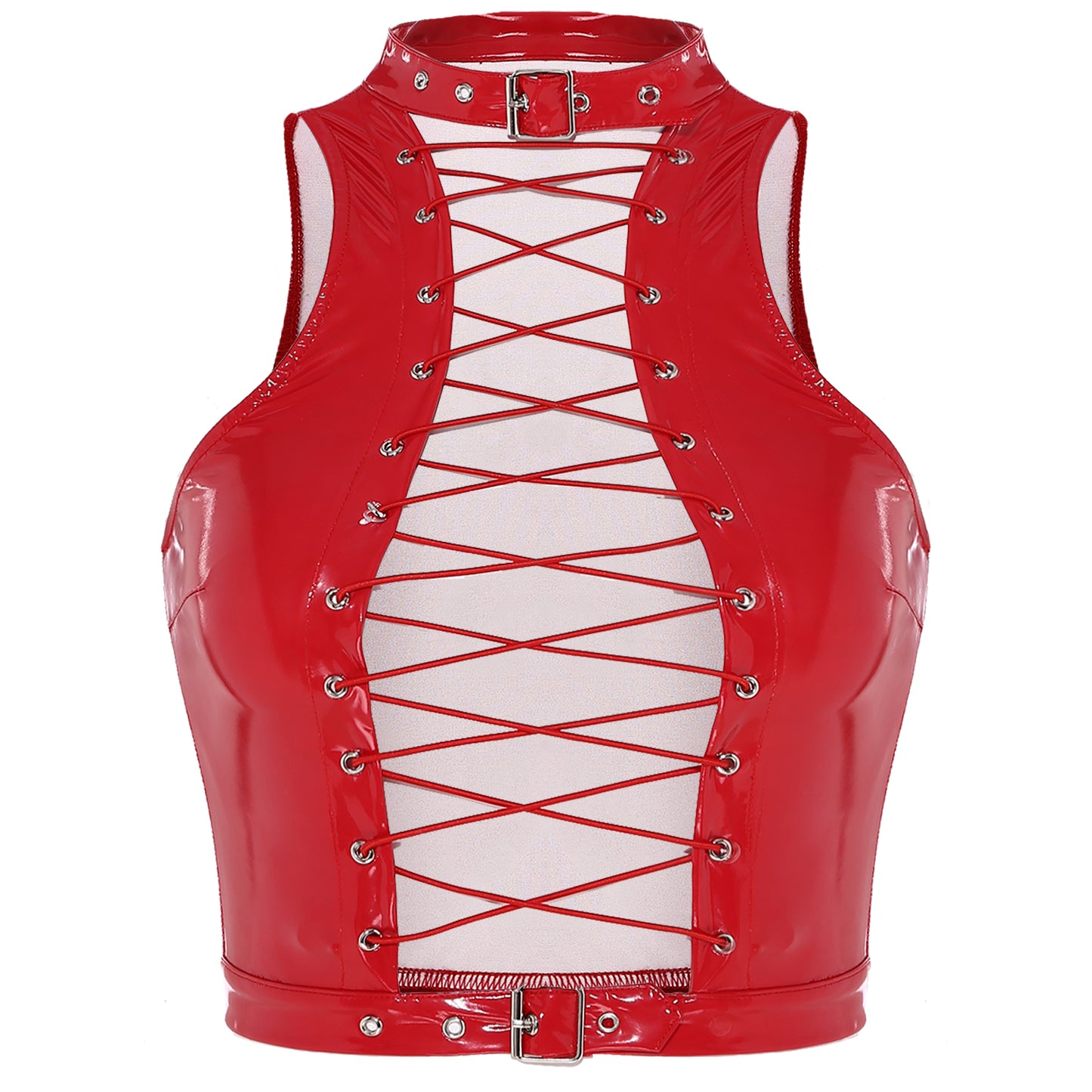 Womens Glossy Patent Leather Latex Vest Tops Rave Outfit Clubwear Glossy Corset Waistcoat Notch Lapel Slim Fit Camisole Crop Top