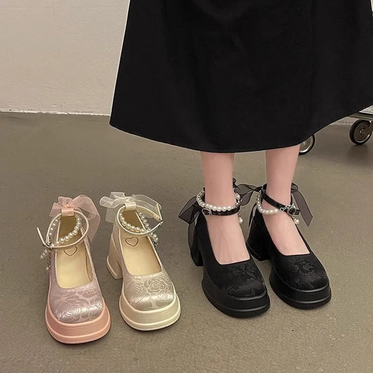 Frühling Damen Dicke Platform Mary Janes 2025 - Lolita Schuhe Sommer - Schleife Kette Party Pumps Oxford Schuhe