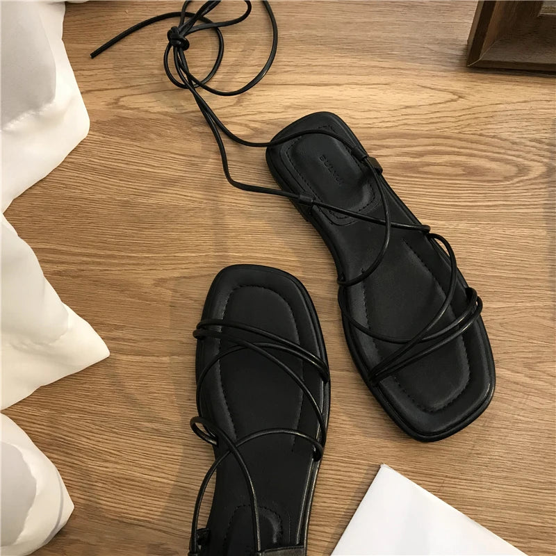 Summer Shoes Women Sandals Narrow Band Vintage Square Toe Flat Cross Strap Thong Sandals V Shape Design Shoes Women