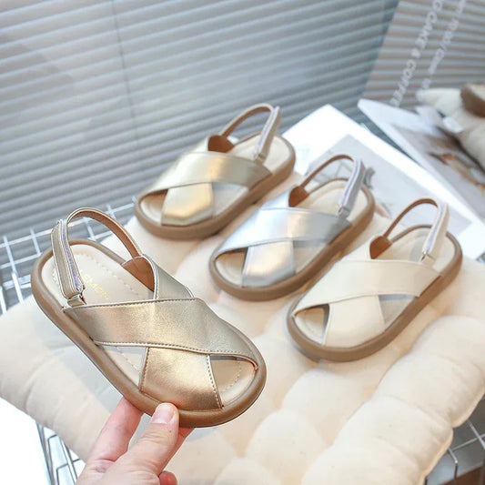 Girls Flats Solid Color Trendy Kids Sandals Hook&loop Adjustable 2025 Summer New Boys Fashion Beach Shoes Hollowed-out Chic