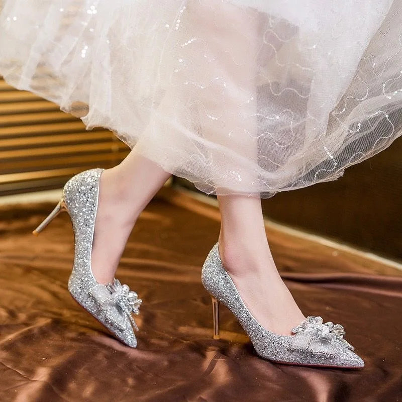 Wedding Shoes for Women Bride Luxury High Heels Stiletto Silver Gold Elegant Dress Evening Parties Pointed Toe Designer
