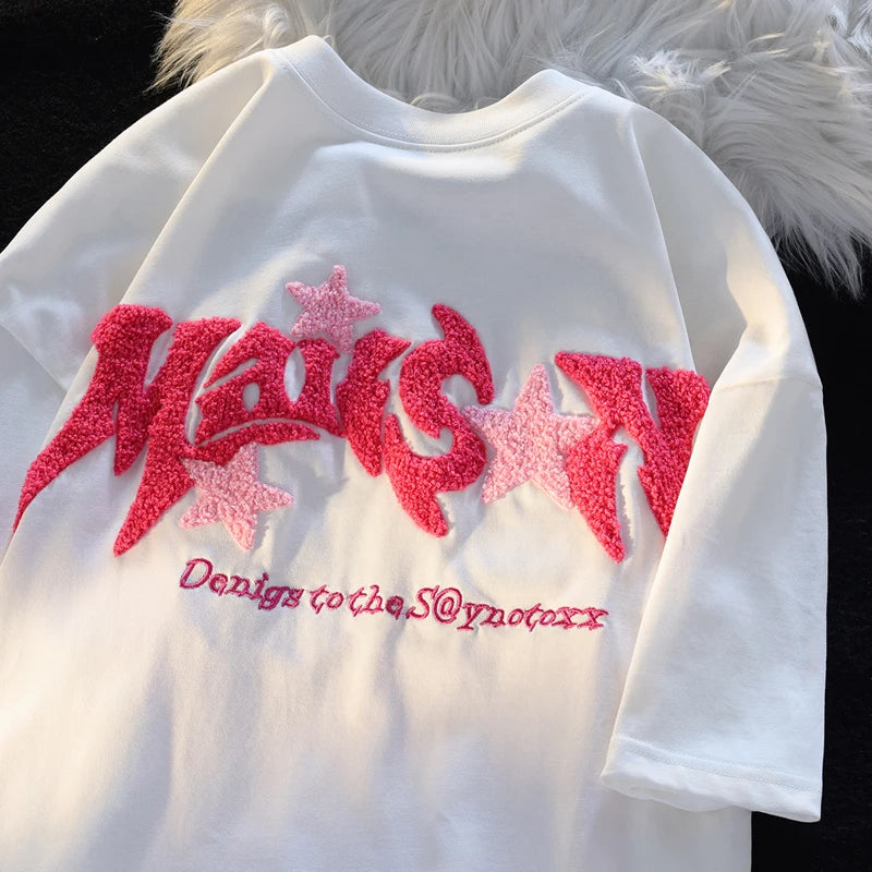 Embroidery Letter Fashion T-shirts for Women Summer 2024 American Vintage Women's Tee Shirt Fun Print Design Y2k Tops