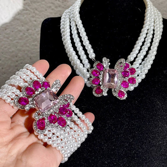 Luxus Strass Geometrische Mehrschichtige Perlen Halskette - Französisches Übertriebenes Design Nische Schlüsselbein Kette - Damen Party Schmuck