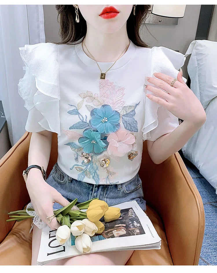 Ruffled White T-shirt Women's Short-Sleeved Floral Tshirt 2023 Summer New High-End Heavy Embroidery Flower Chic Top Tees