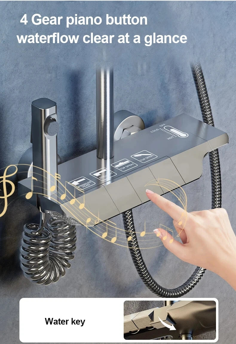 NONEM shower faucet set with digital display in copper, four-function panel with handheld spray and coiled hose.