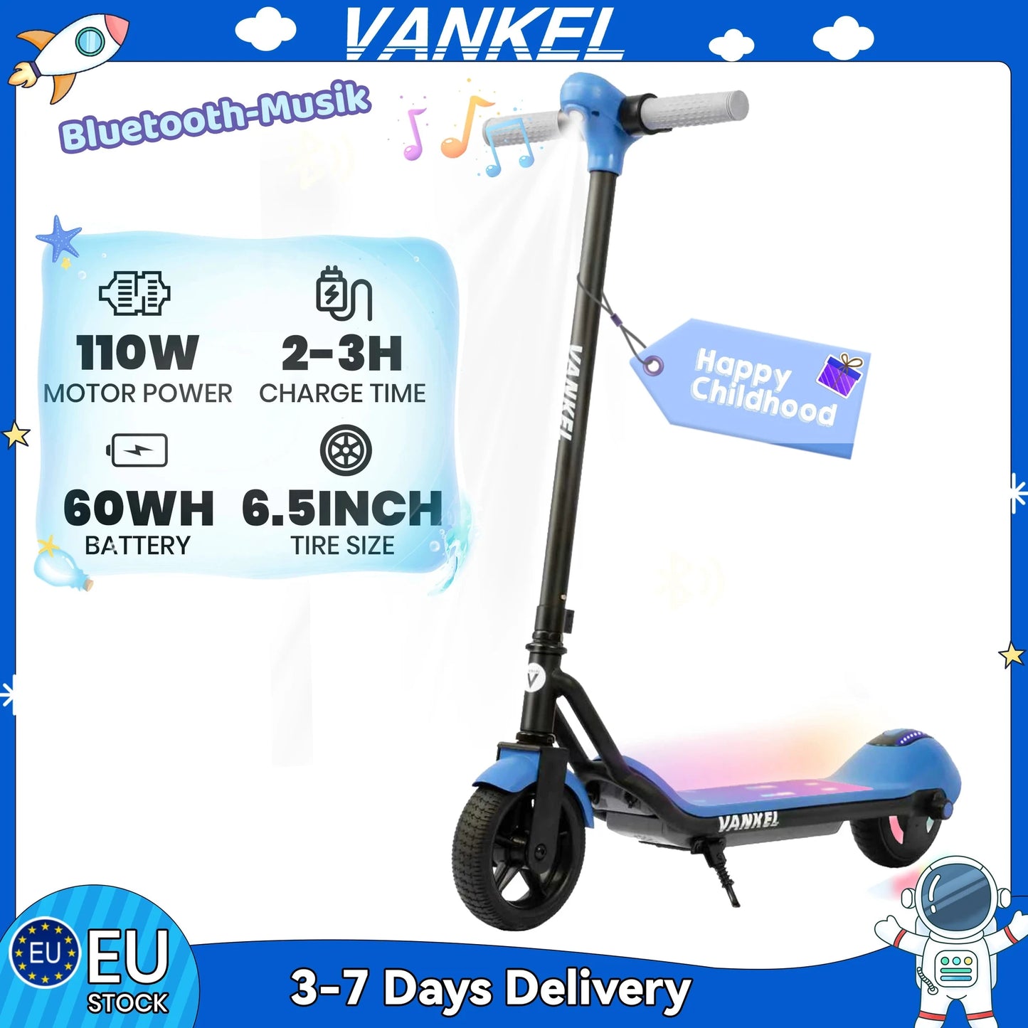 Vankel 6,5-Zoll-Elektroroller für Kinder für Jungen und Mädchen mit Bluetooth-Regenbogenlichtern, 8–10 km Reichweite, LCD-Display, Kinderroller