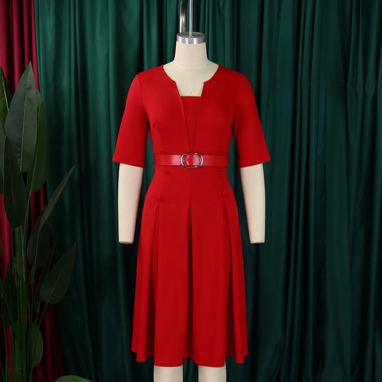Elegante Kleider Für Frauen 2025 Neu V-Ausschnitt Halbe Ärmel Gürtel Taille Plissiert Midi Mode Weiblich Bescheiden Business Arbeit Kleider OL