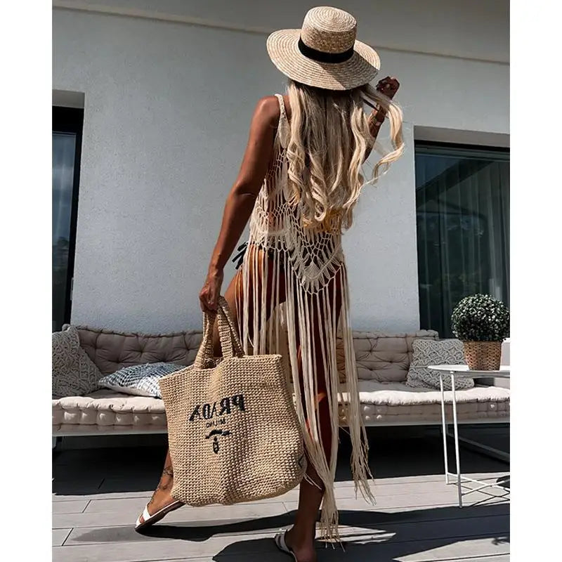 Strand Cover Ups: Hand Hook Hollow Out Spandex Polyester - Elegant Sonnenschutz Shirt Lange Quasten Beach Style Gestrickt