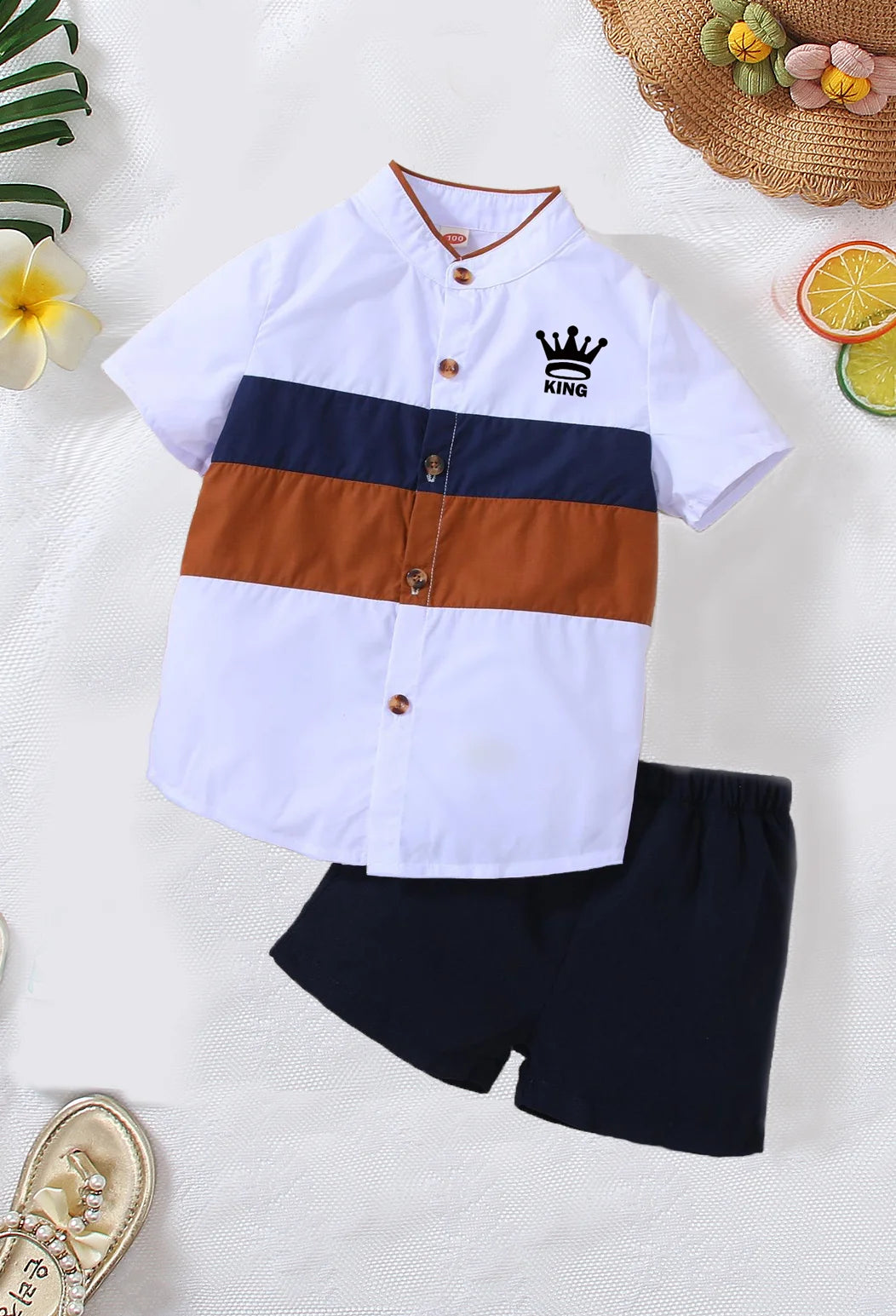 Summer Boys Front Button Cardigan Stand Collar Cartoon Printed Short Sleeve Shorts Casual Two-Piece Set