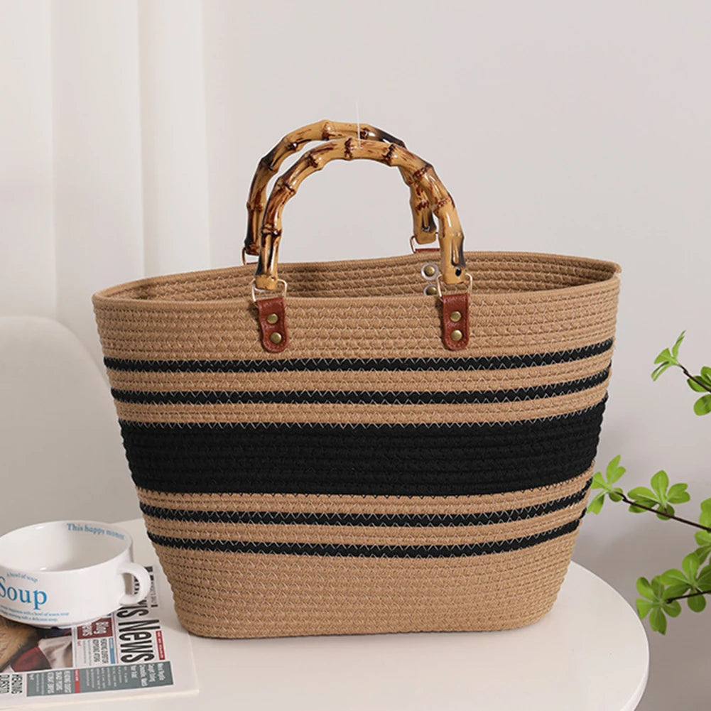 Beach Vacation Bags Bamboo Handle Holiday Hand Bag Large Capacity Striped Portable Casual Fashion Exquisite for Seaside Party