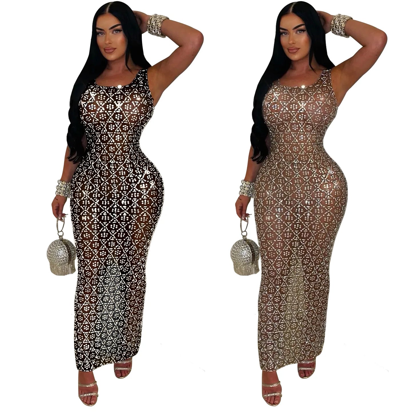 Damen Kleid 2025 - CM.YAYA Summer Sleeveless Rhinestone Long Dress Mesh Fashion Evening