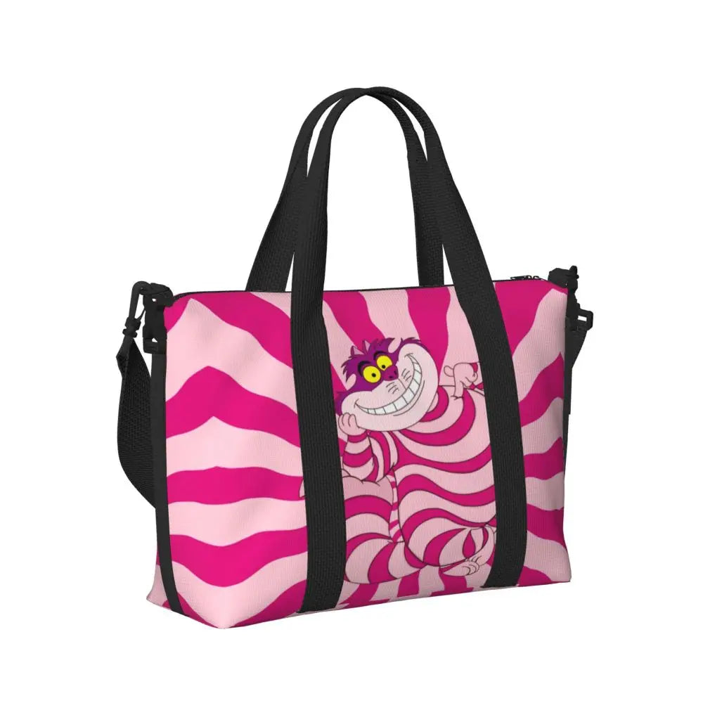 Custom Cheshire Cat Beach Tote Bag for Women We're All Mad Here Cat Big Compartment Gym Beach Travel Bags