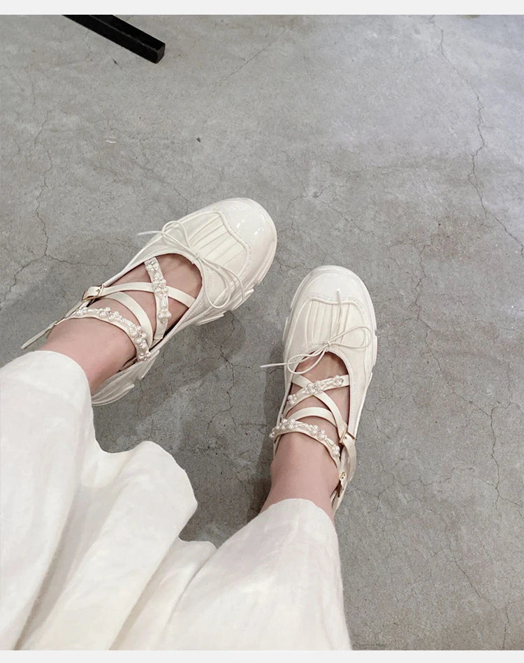 Damen Niedrige Absätze 2025 - Koreanischer Stil Perlenkette Mary Jane Flats - Party Arbeit Casual Bootsschuhe