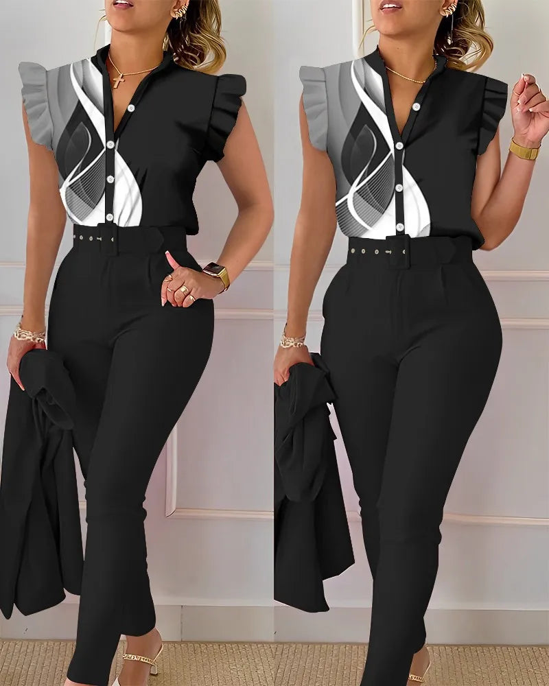 Elegant Women Two Piece Set Suits New Fashion Printed Ruffle Sleeve Top Solid Color Pants Set With Belt  Blouses Female Clothing