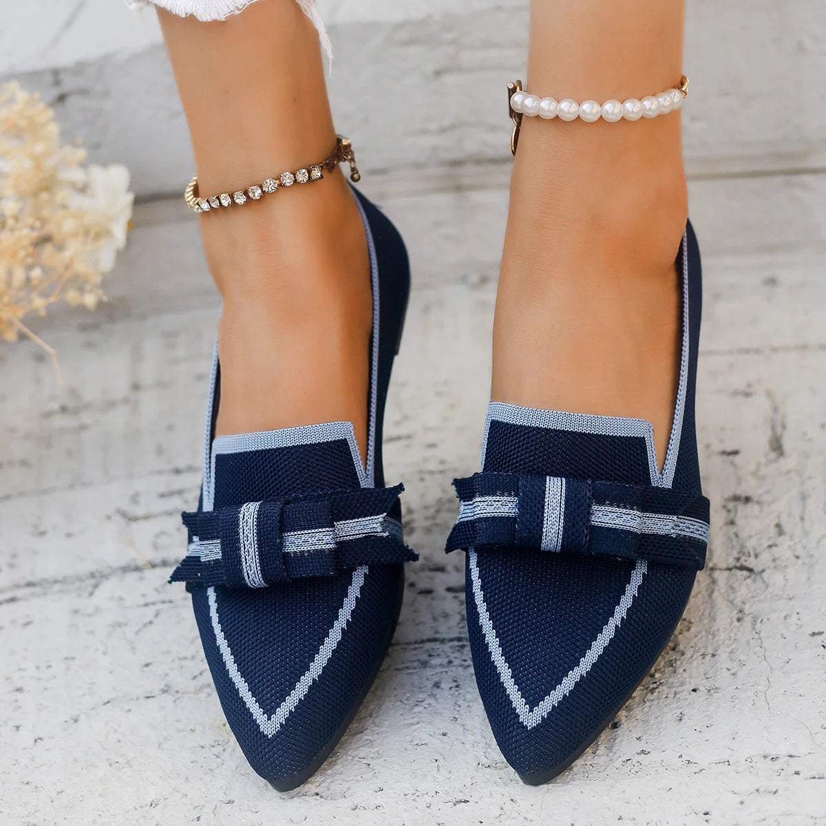 Women Flats 2024 New Knitted Slip Breathable Comfortable Solid Color Shoes Casual Pointed Toe Walking Loafers Sneakers Women