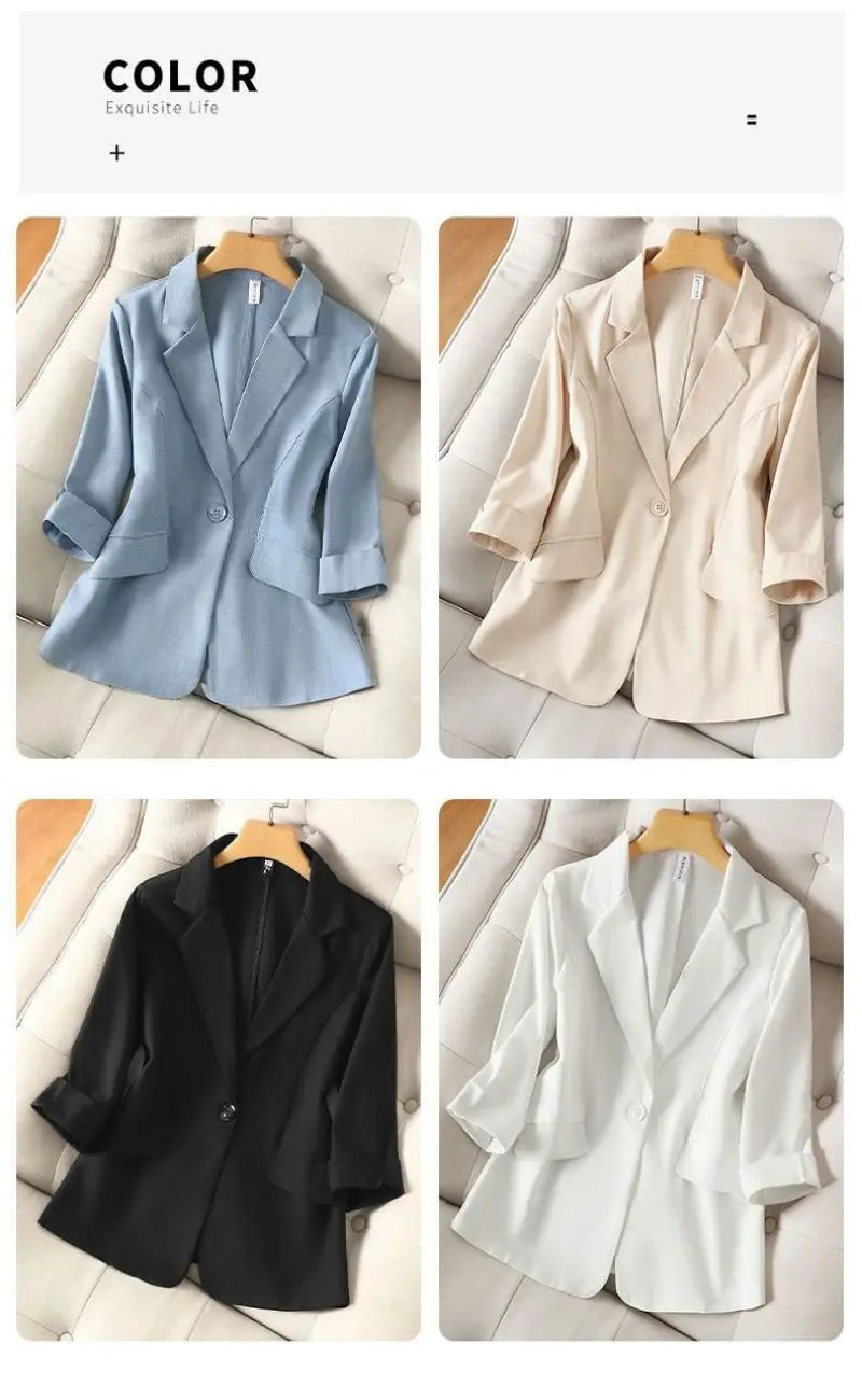 Blue Solid Casual Turn-Down Collar Single Button Three Quarter Sleeve Women's Jacket Suit Blazer Short Jackets Coat 2024 Fashion