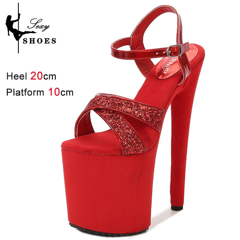 elegant woman shoes with High Heels 20CM Sequined Cloth Platform Modern Sandals Stripper Shoes Red Wedding Women Shoes Pumps