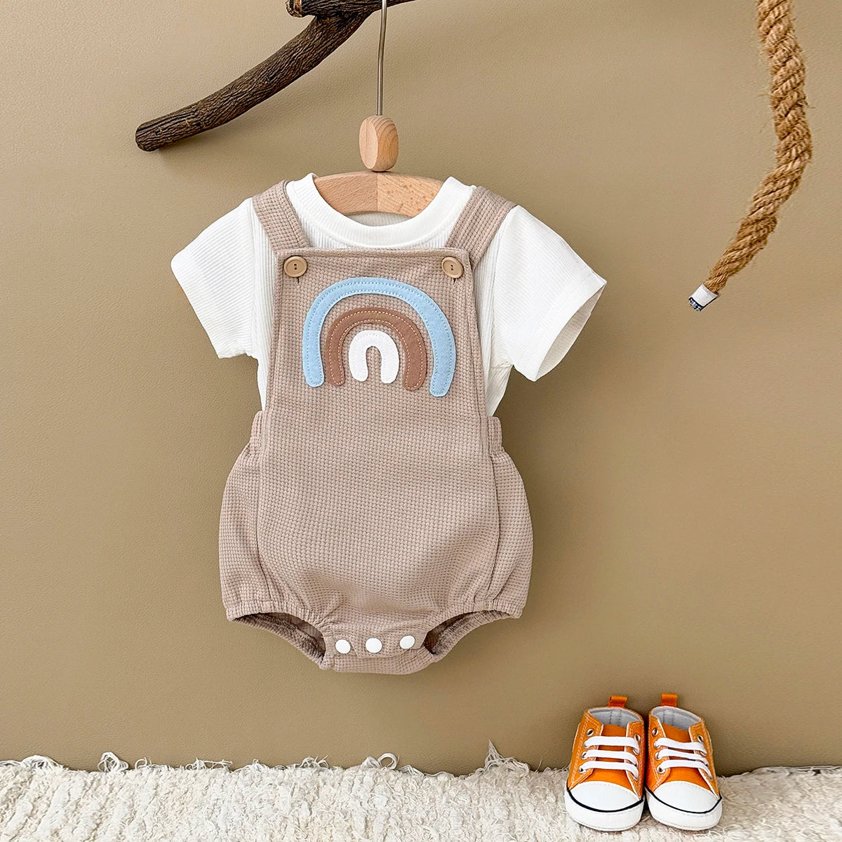 Baby Girls Clothes Bubble Romper Rainbow Patch Pullover Button Triangle Jumpsuit Boy Summer Stylish Bodysuit+T-shirt 2Pcs/Set