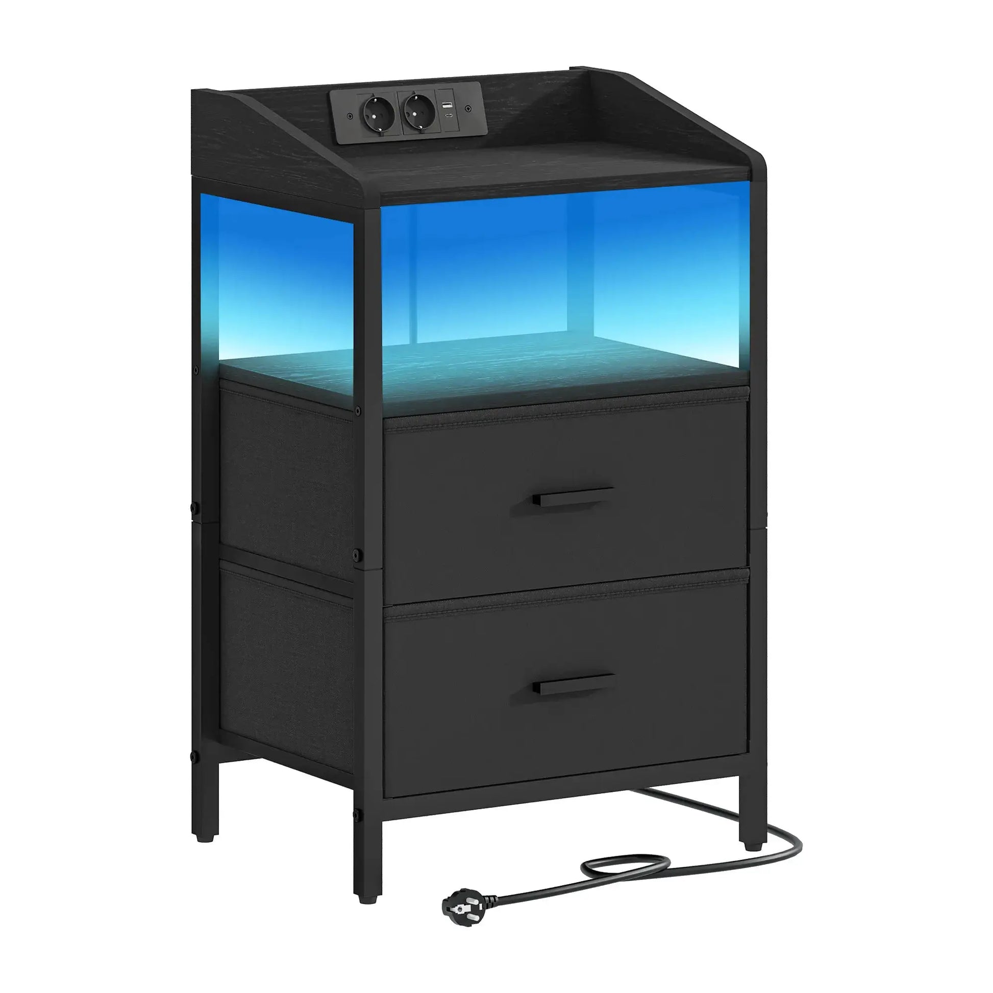 Nachttisch mit LED-Beleuchtung und Ladestation, Beistelltisch mit 2 Stoffschubladen und Ablagen, mit USB-Anschlüssen by Golden Bridge Store