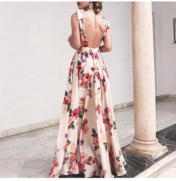 Backless women floral high waist large swing sleeveless long dresse
