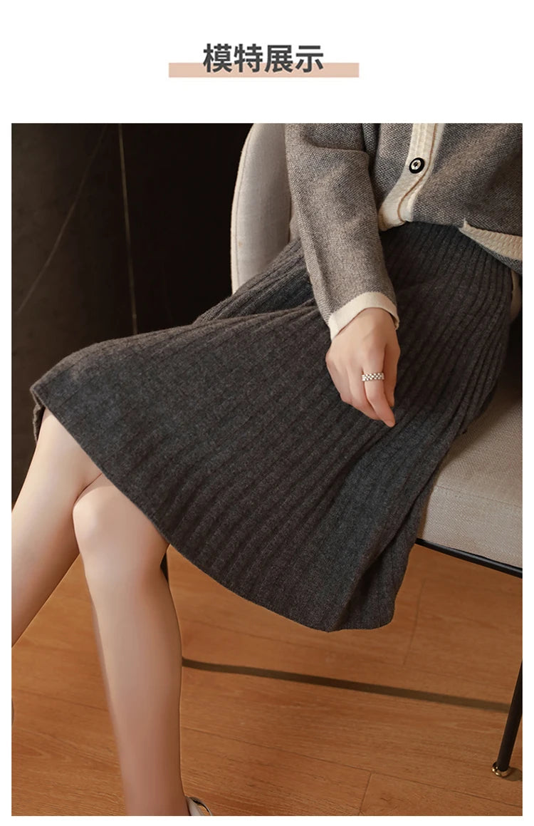 Elegant Women 100% Wool Knitted Skirt Korean Fashion Solid Casual A Line Ladies Pleated Short Skirt Spring Chic High Waist Skirt