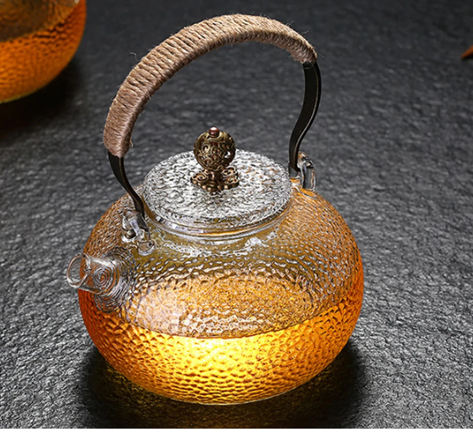 Ceainic de sticlă rezistent la temperaturi ridicate, set de ceai, ceainic de flori cu textură ciocănită manual, cu mâner pentru a face ceainic Gaiwan Pu Erh