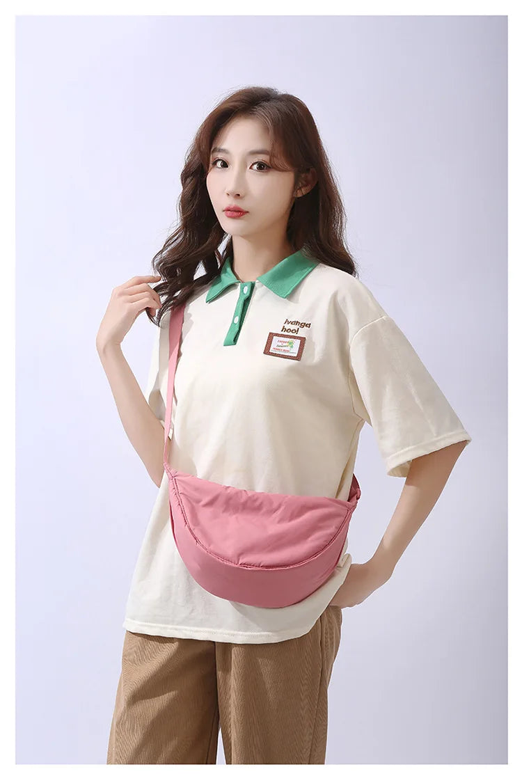 Solid Color Women's Portable Shoulder Bag Simple Female Nylon Cloth Padded Crossbody Bags Travel Purse Handbags Messenger Bag