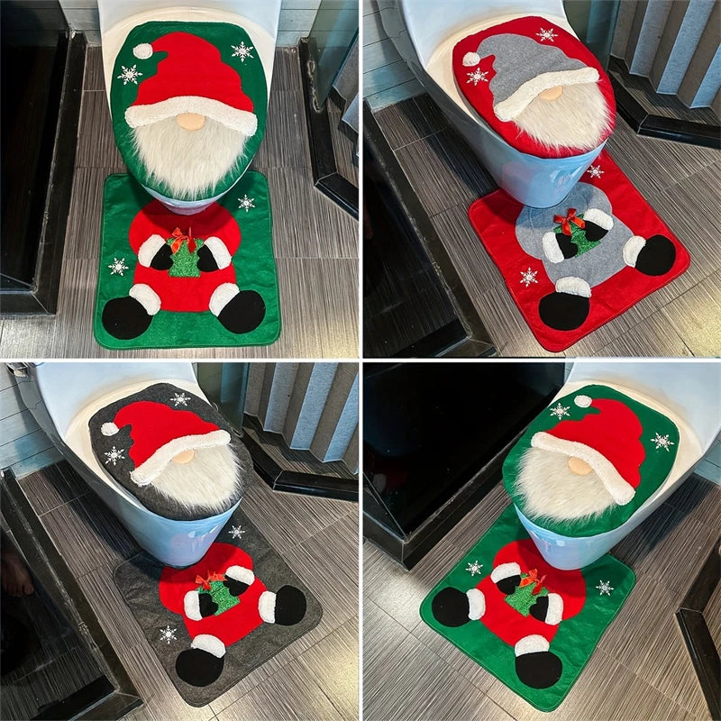 Santa Toilet Seat Cover Set 2PC, Christmas Bathroom Decor Santa on The Toilet Seat Cover and Mat for Xmas