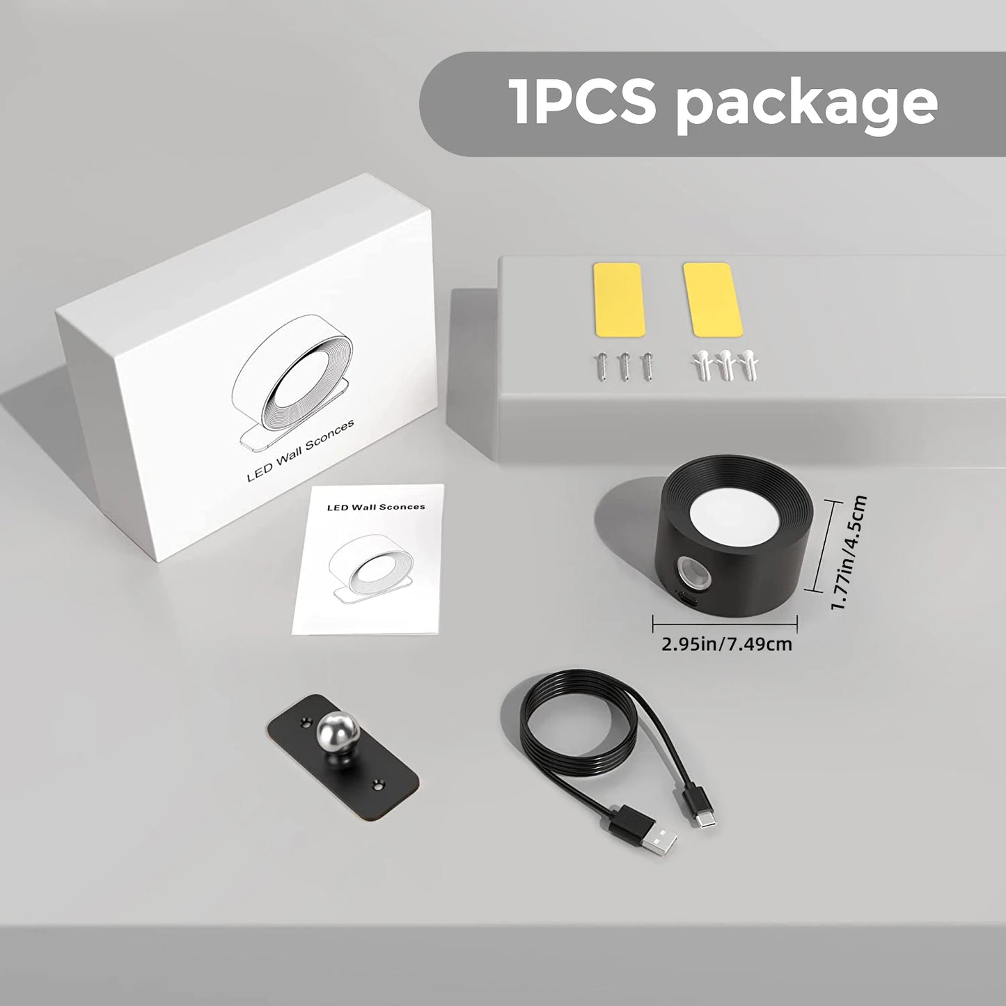 2PC Wandlicht Batteriebetriebene Lichter Rechargeable Wandarmaturen 360 Grad Frei Drehbarer Magnetball 3 Helligkeitsstufen