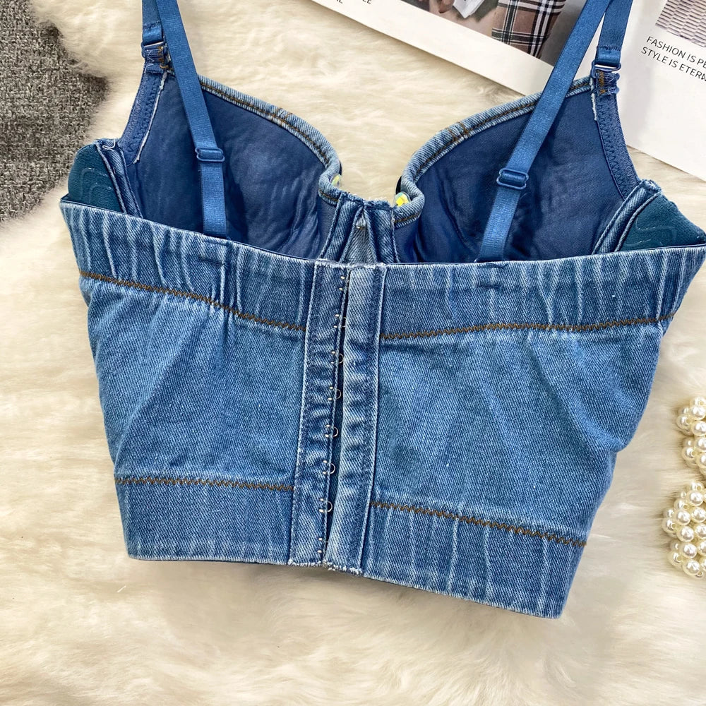 Women Summer Denim Camisole Corset Top Build In Bra Crystal Diamonds Pearl Luxury Jeans Tops High Street Club Party Nightwears