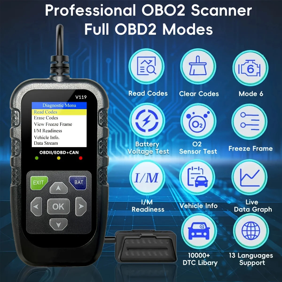 OBD2 Scanner 2025 - Diagnosegerät mit Spannungstester - EOBD CAN Motor Fehlercode Reader Jexiwe Automotive