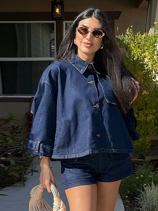Vintage Women Denim Cape Jackets Shorts Suits Lapel Loose Coats Slim Short Jeans 2 Piece Sets Casual Office Work Fashion Suits