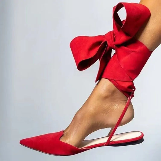 Sexy Women's Flat Ballet Shoes Bow Designer Pointy Lace Up Party Sandals Trend Summer Slingback Sandals Women Plus Size 35~42