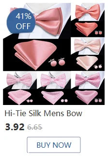 Hi-Tie Silk Mens Bow Tie Pocket Square Cufflinks Set Peach Pink Salmon Pre-tied Butterfly Knot Bowtie for Male Wedding Business