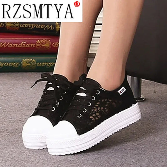 Women Shoes Fashion Summer Casual Shoes White Sneakers Cutouts Lace Canvas Hollow Breathable Platform Sneakers Tenis Feminino