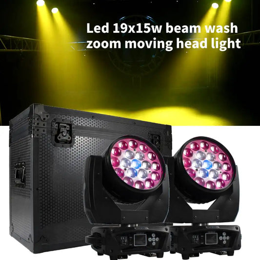 SHEHDS LED Zoom 19x15W RGBW Moving Head Light Beam Wash Effect Flight Case for DJ Disco Christmas Concerts Weddings Parties