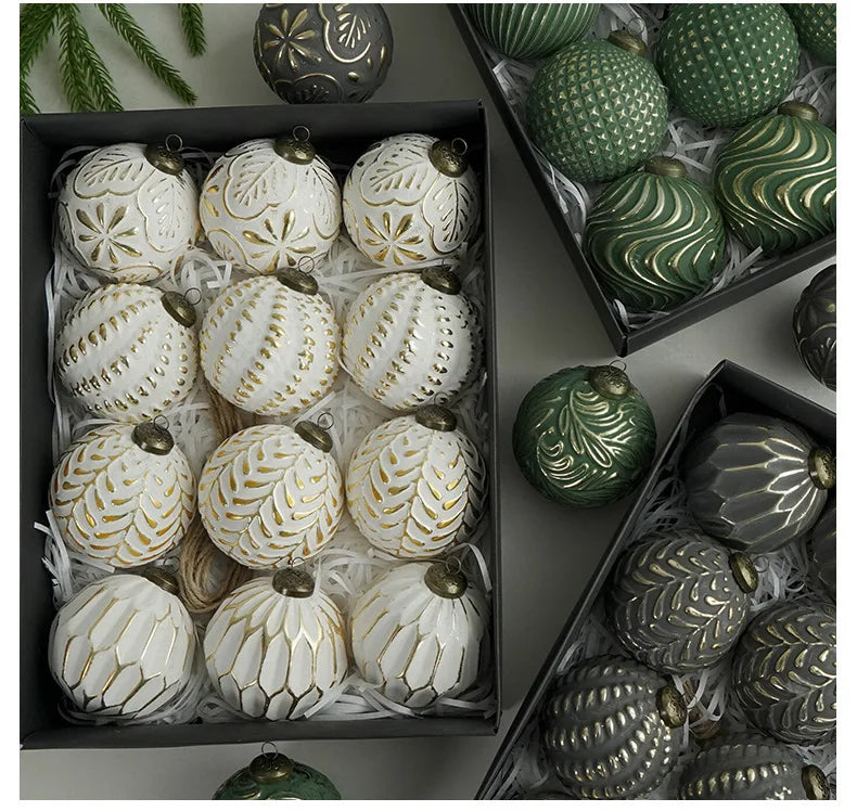 Aurora KugelSet 8cm Grün Weiß Glitzer - Größe 8 cm, 13 Stück