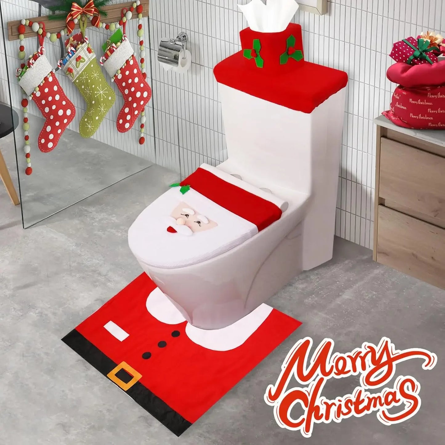 1-5Sets Christmas Toilet Seat Cover Santa Claus Bathroom Decor Set with Toilet Lid Mat and Tank Cover for Holiday Home Decor