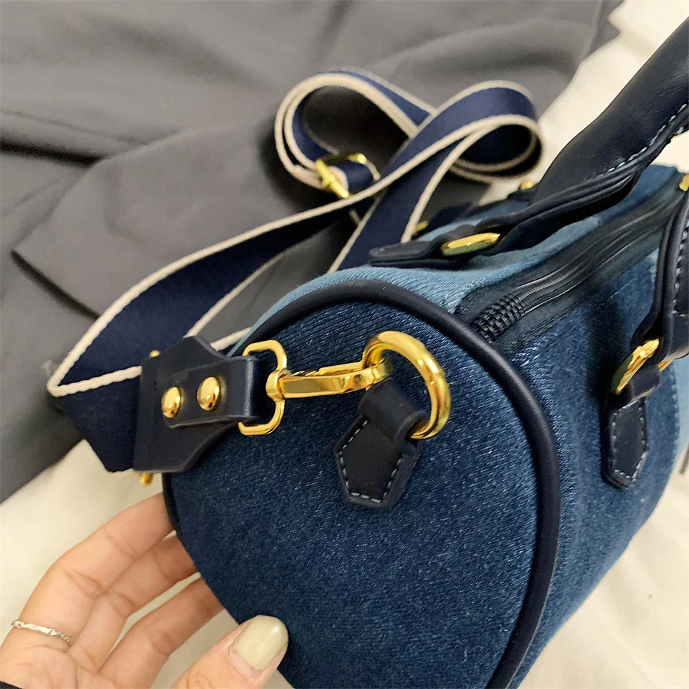 Genți de mână mini cu blocuri de culoare patchwork pentru femei, genți de umăr din denim, genți crossbody, geantă casual de stradă mică, geantă Boston, 2024, poșete de designer