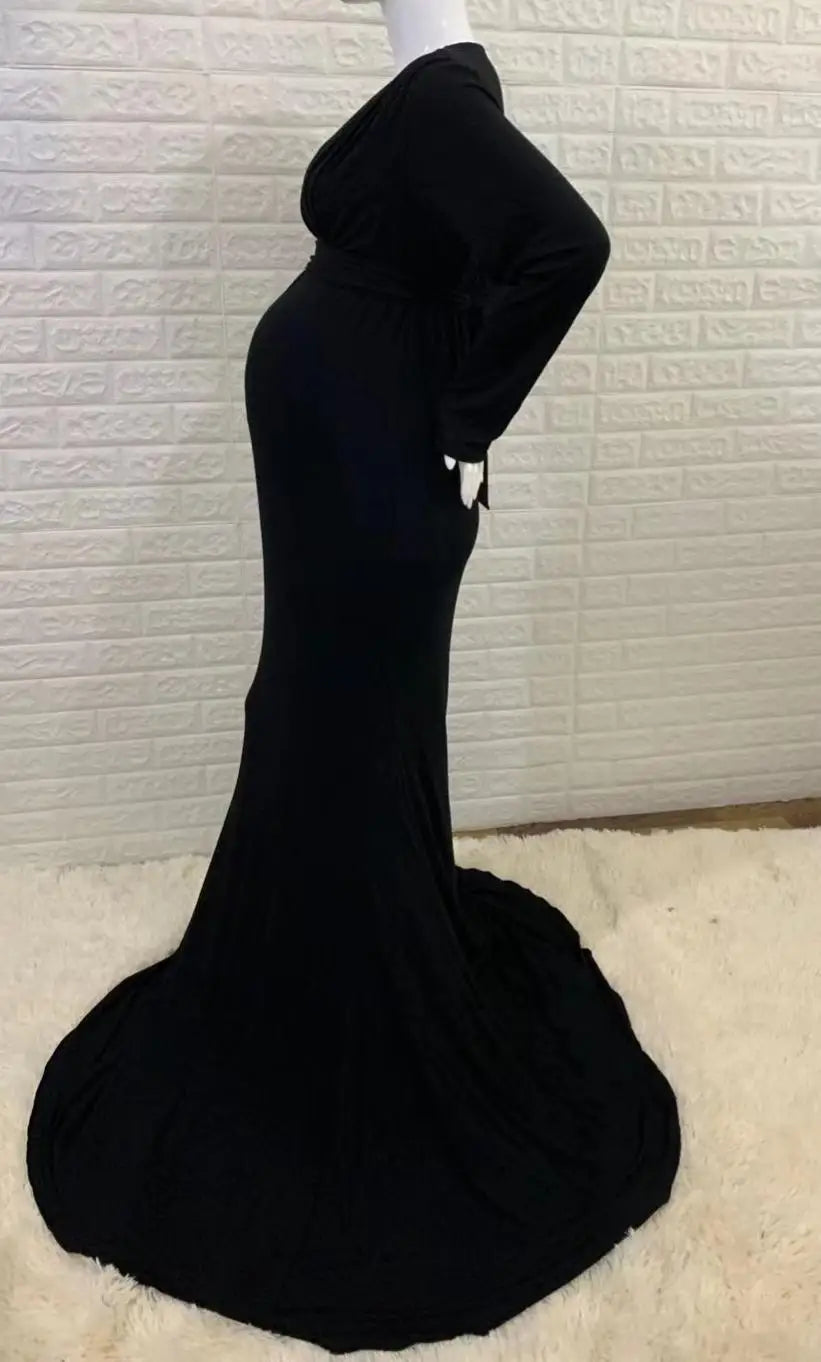 Women's Spring Autumn Maternity Dress Elegant Slim V-Neck Long Sleeve Mermaid Maxi Gowns for Photography Baby Shower Photoshoot